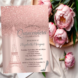 Rose Gold Glitter Eiffel Tower,Heels  Quinceañera  Invitation