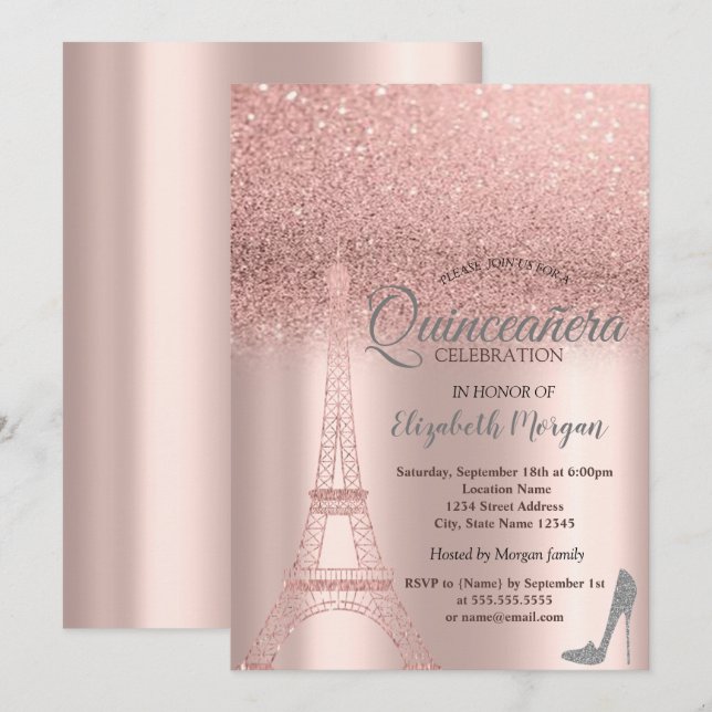 Rose Gold Glitter Eiffel Tower,Heels  Quinceañera  Invitation (Front/Back)