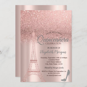 Rose Gold Glitter Eiffel Tower,Heels Quinceañera Invitation