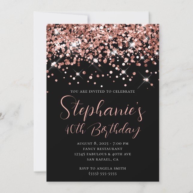 Rose Gold Glitter Elegant 40th Birthday Black Invitation (Front)