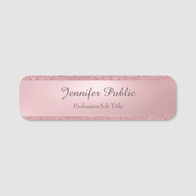 Rose Gold Glitter Elegant Calligraphed Script Name Tag (Front)