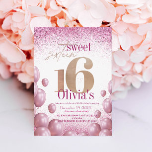 Rose Gold Glitter Elegant Chic Balloons Sweet 16 Invitation