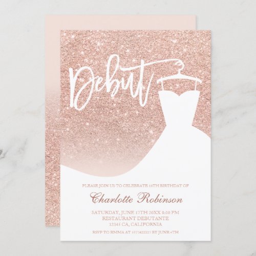 Rose gold glitter elegant chic dress 18th Debut Invitation