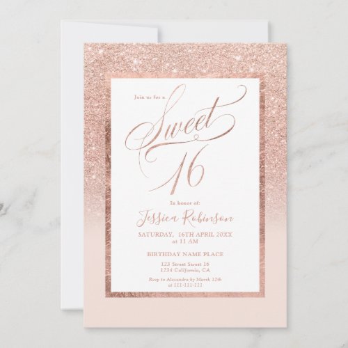 Rose gold glitter elegant chic script Sweet 16 Invitation