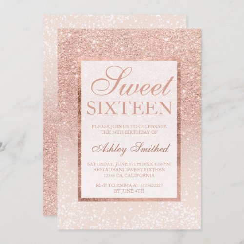 Rose gold glitter elegant chic Sweet 16 snow Invitation