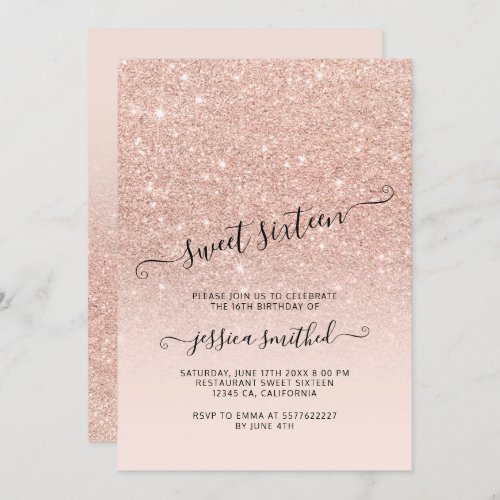 rose gold glitter elegant chic typography Sweet 16 Invitation