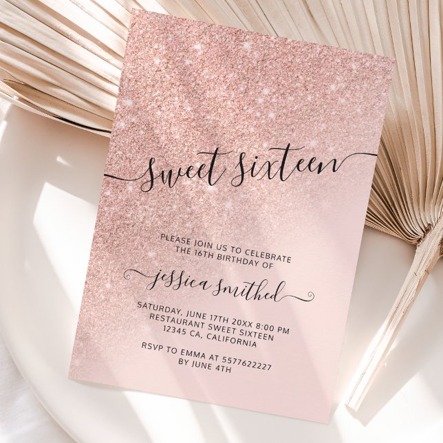 rose gold glitter elegant chic typography Sweet 16 Invitation