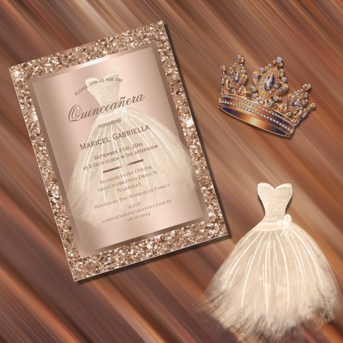 Rose Gold Glitter Elegant Dress Quinceaera Invitation