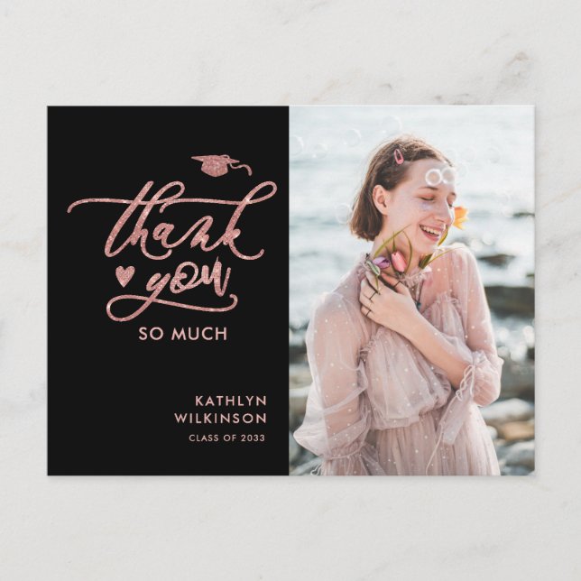 Rose Gold Glitter Elegant Graduation Thank You Postcard (Front)