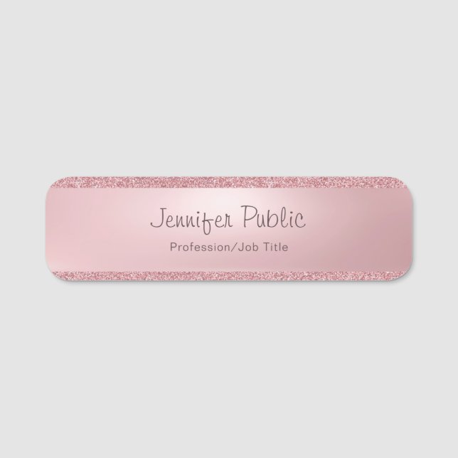 Rose Gold Glitter Elegant Handwritten Script Name Tag (Front)