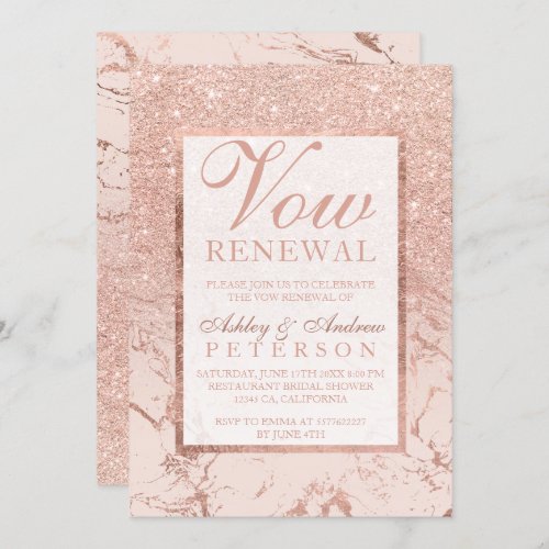 Rose gold glitter elegant marble Vow Renewal Invitation