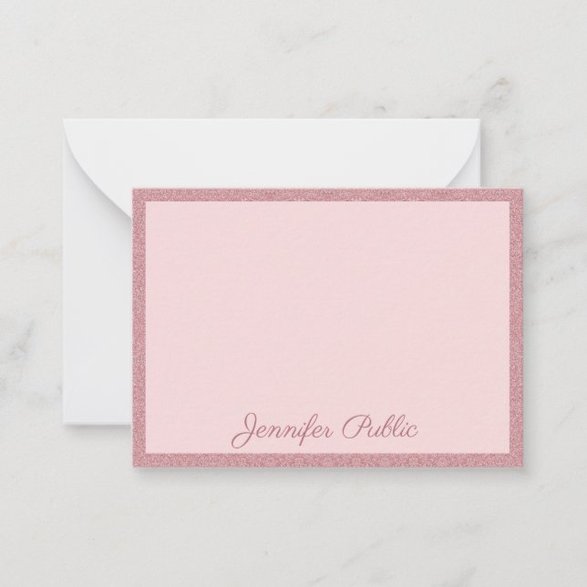 Rose Gold Glitter Elegant Modern Handwritten Note Card (Front)