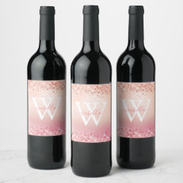 Rose Gold Glitter Elegant Monogram Wine Label
