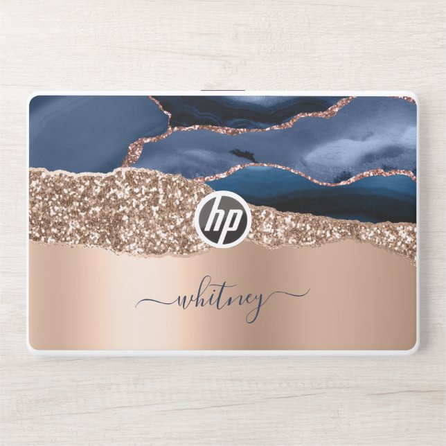 Rose Gold Glitter Elegant Monogrammed Navy Blue HP Laptop Skin (Front)