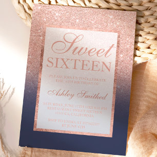 Rose gold glitter elegant navy blue chic Sweet 16 Invitation