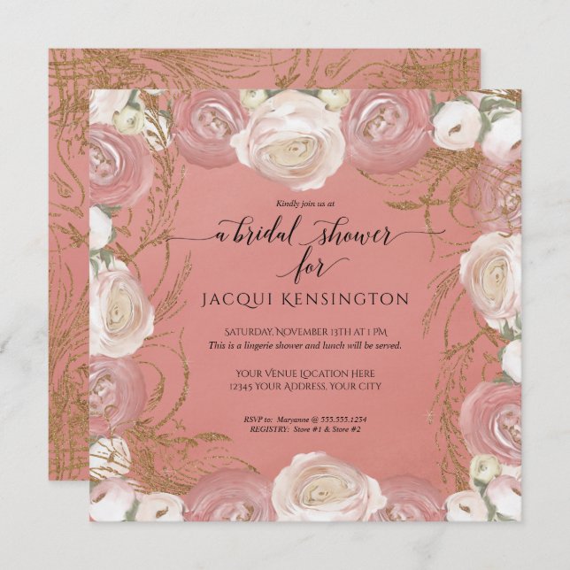 Rose Gold Glitter Elegant Painted Floral Bridal Invitation (Front/Back)