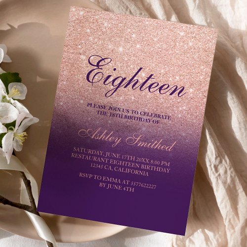 Rose gold glitter elegant purple chic 18 eighteen invitation