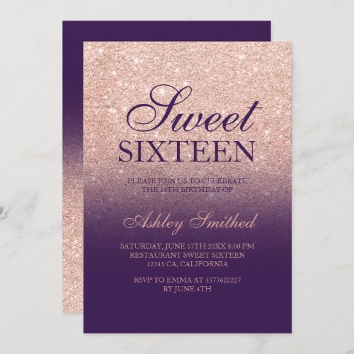 Rose gold glitter elegant purple chic Sweet 16 Invitation