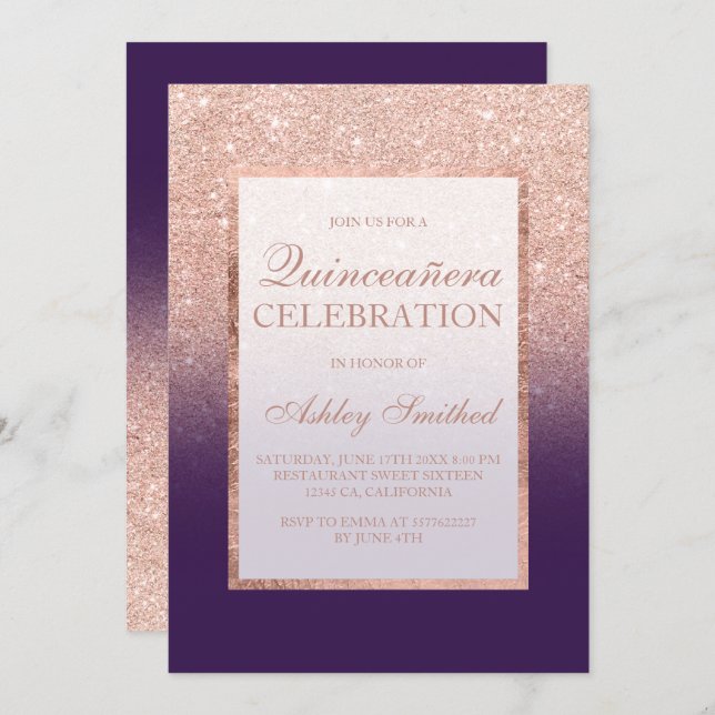 Rose gold glitter elegant purple grape Quinceañera Invitation (Front/Back)