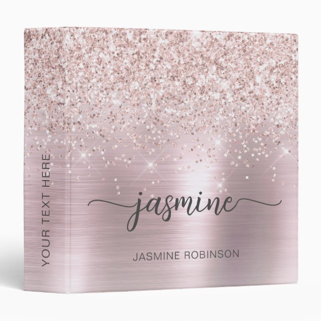 Rose Gold Glitter Elegant Script Office School 3 Ring Binder (Front/Spine)