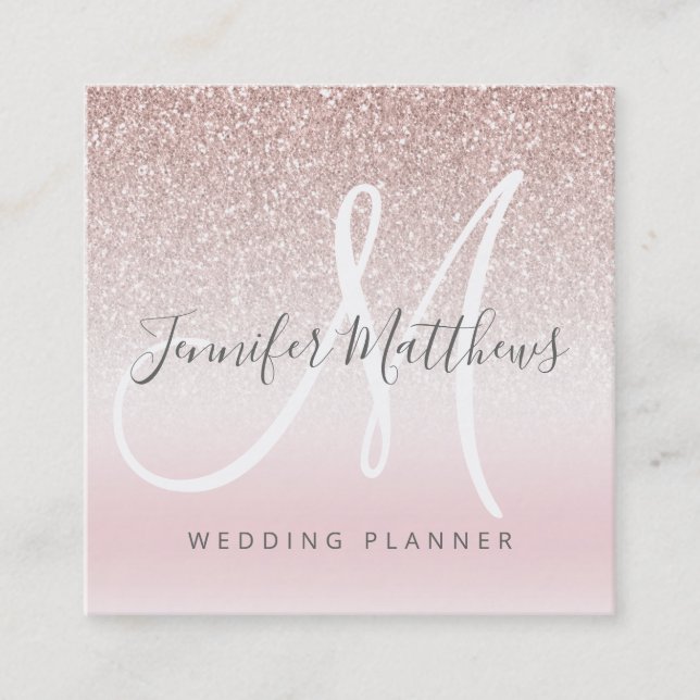 Rose Gold Glitter Elegant Signature Logo Monogram Square Business Card (Front)
