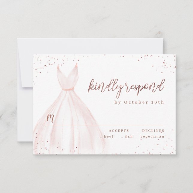Rose Gold Glitter Elegant Sparkle Pink Dress RSVP Card (Front)