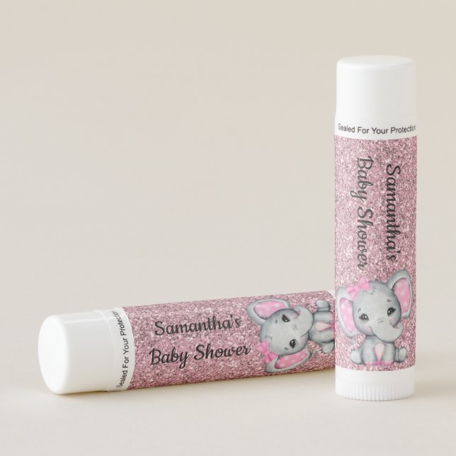 Rose Gold Glitter Elephant Baby Shower Pink Lip Balm (Front)