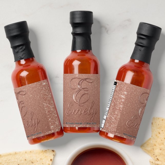 Rose Gold Glitter Emely Hot Sauce Bottle Favors (Laydown)