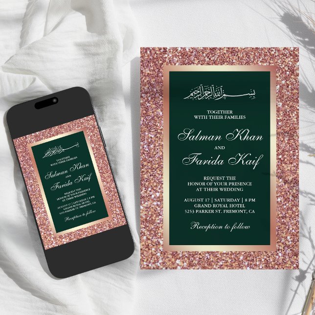 Rose Gold Glitter Emerald Islamic Muslim Wedding Invitation (Creator Uploaded)