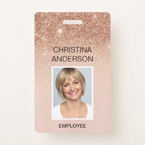 Rose Gold Glitter Employee Name Photo Corporate Badge