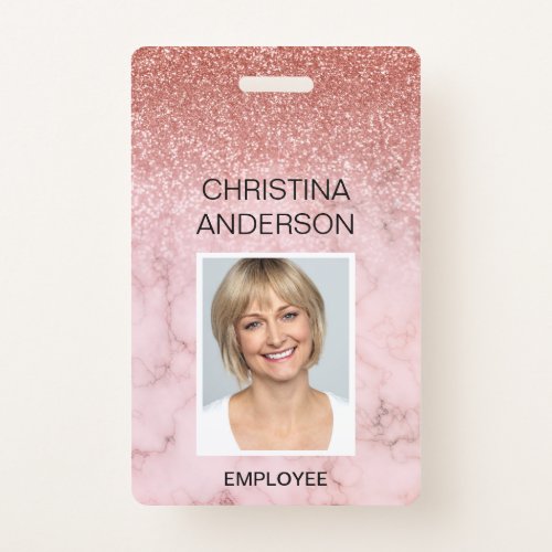 Rose Gold Glitter Employee Name Photo Corporate Badge
