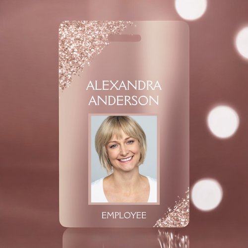 Rose Gold Glitter Employee Name Photo Corporate Badge