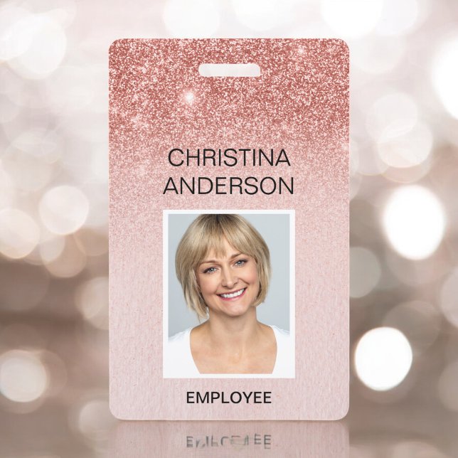 Rose Gold Glitter Employee  - Name Photo Corporate Badge (Creator Uploaded)