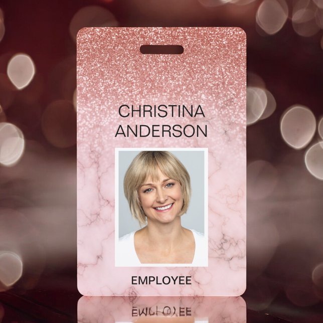 Rose Gold Glitter Employee Name Photo Corporate Badge (Creator Uploaded)