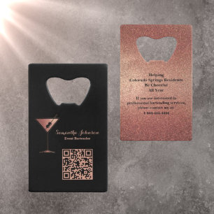 Rose Gold Glitter Event Bartender QR Code Credit Card Bottle Opener