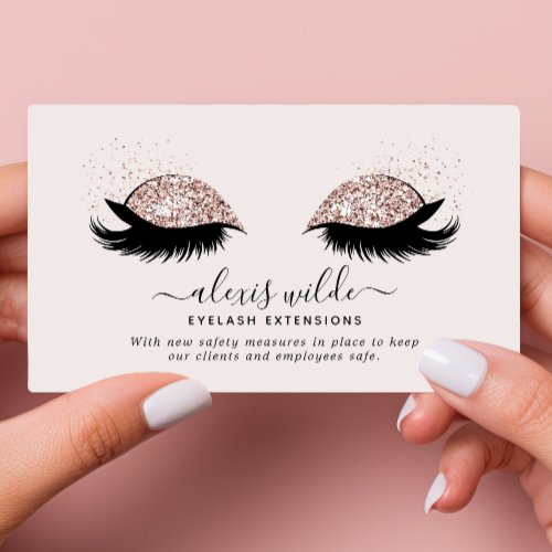 Rose Gold Glitter Eyelashes Salon Covid Safety Business Card