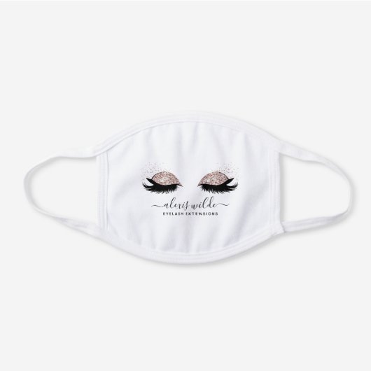 Rose Gold Glitter Eyelashes Salon White Cotton Face Mask (Front)