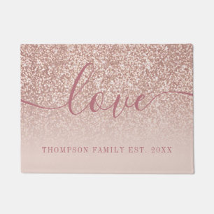 Rose Gold Glitter Family Name Love Doormat