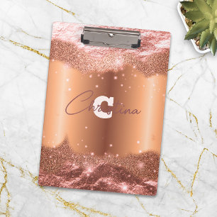 Rose Gold Glitter Faux Foil Glam Monogram Name Clipboard