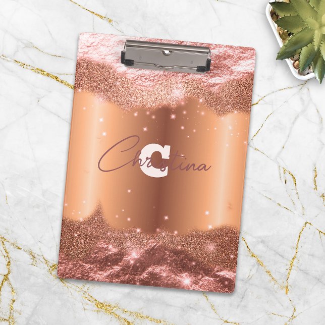 Rose Gold Glitter Faux Foil Glam Monogram Name Clipboard (Creator Uploaded)