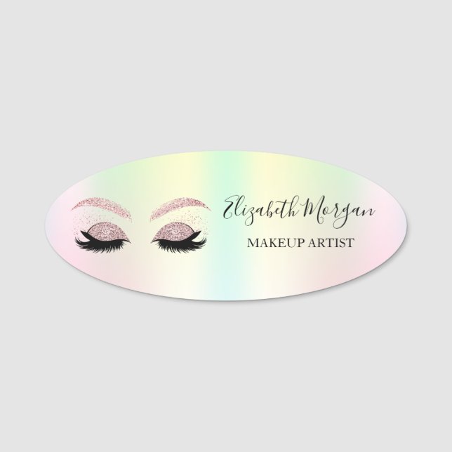 Rose Gold Glitter Faux Lashes Holographic Name Tag (Front)
