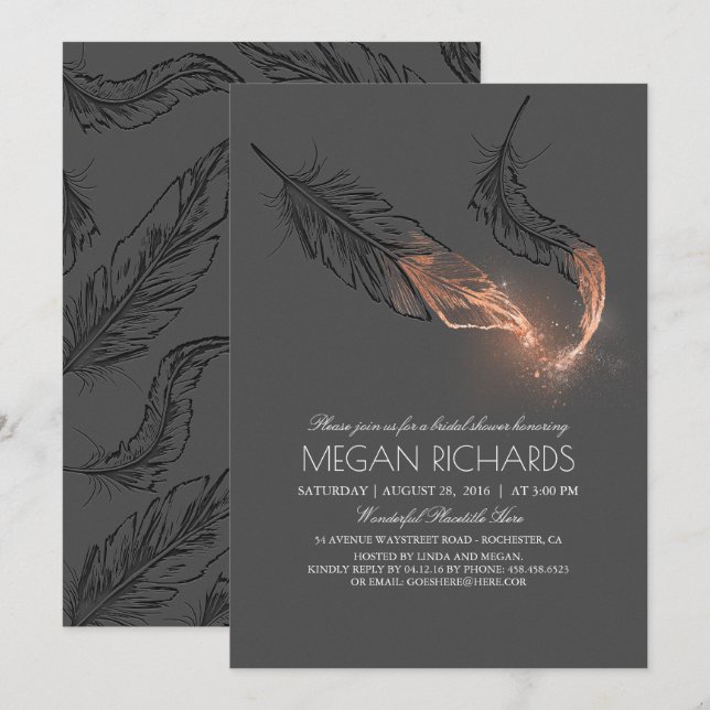 Rose Gold Glitter Feathers Elegant Bridal Shower Invitation (Front/Back)