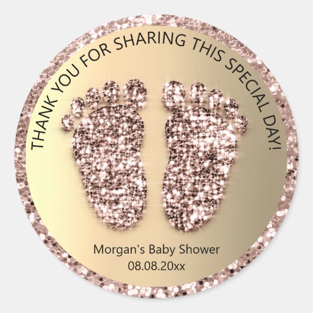 Rose Gold Glitter Feet Baby Shower Favor Thank Lux Classic Round Sticker (Front)