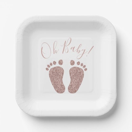 Rose Gold Glitter Feet Baby Shower Square Paper Plates