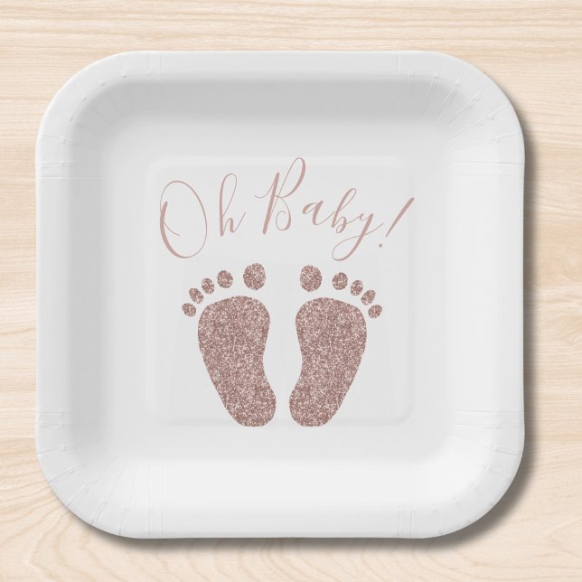 Rose Gold Glitter Feet Baby Shower Square Paper Plates (Creator Uploaded)