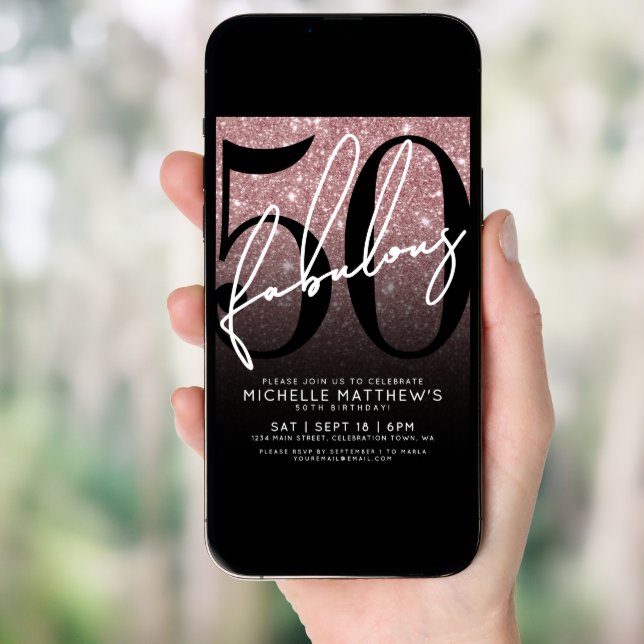 Rose Gold Glitter Fifty Fabulous 50th Birthday Invitation (Front Digital)