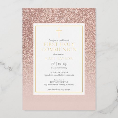 Rose Gold Glitter First Holy Communion Gold Foil Invitation