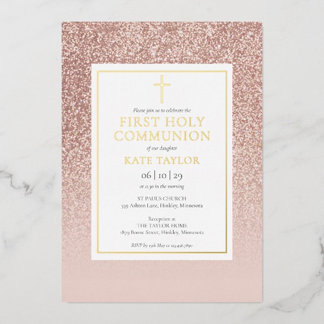 Rose Gold Glitter First Holy Communion Gold Foil Invitation (Front)