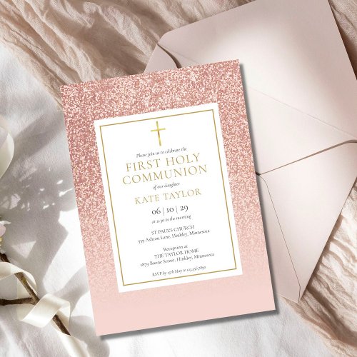 Rose Gold Glitter First Holy Communion Invitation