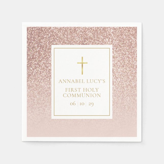 Rose Gold Glitter First Holy Communion Napkins (Front)